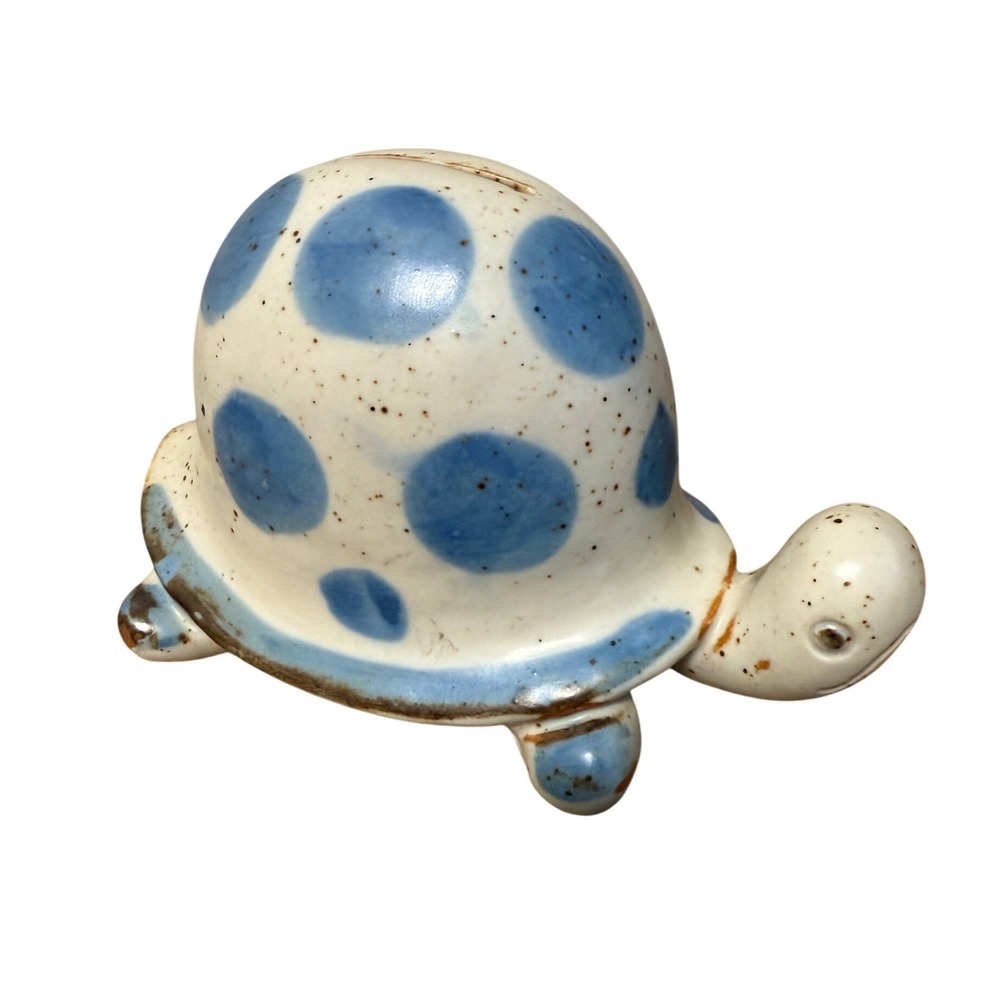 Vintage Ceramic Turtle Piggy Bank Blue Polka Dot Hand Painted Pottery Figurine